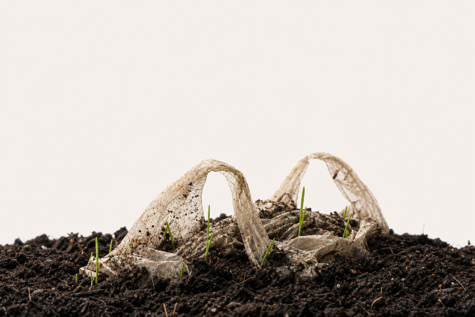 A translucent compostable bag mid-decomposition in rich, dark soil. Small green sprouts rise through it. The bag returning, quietly, to earth.