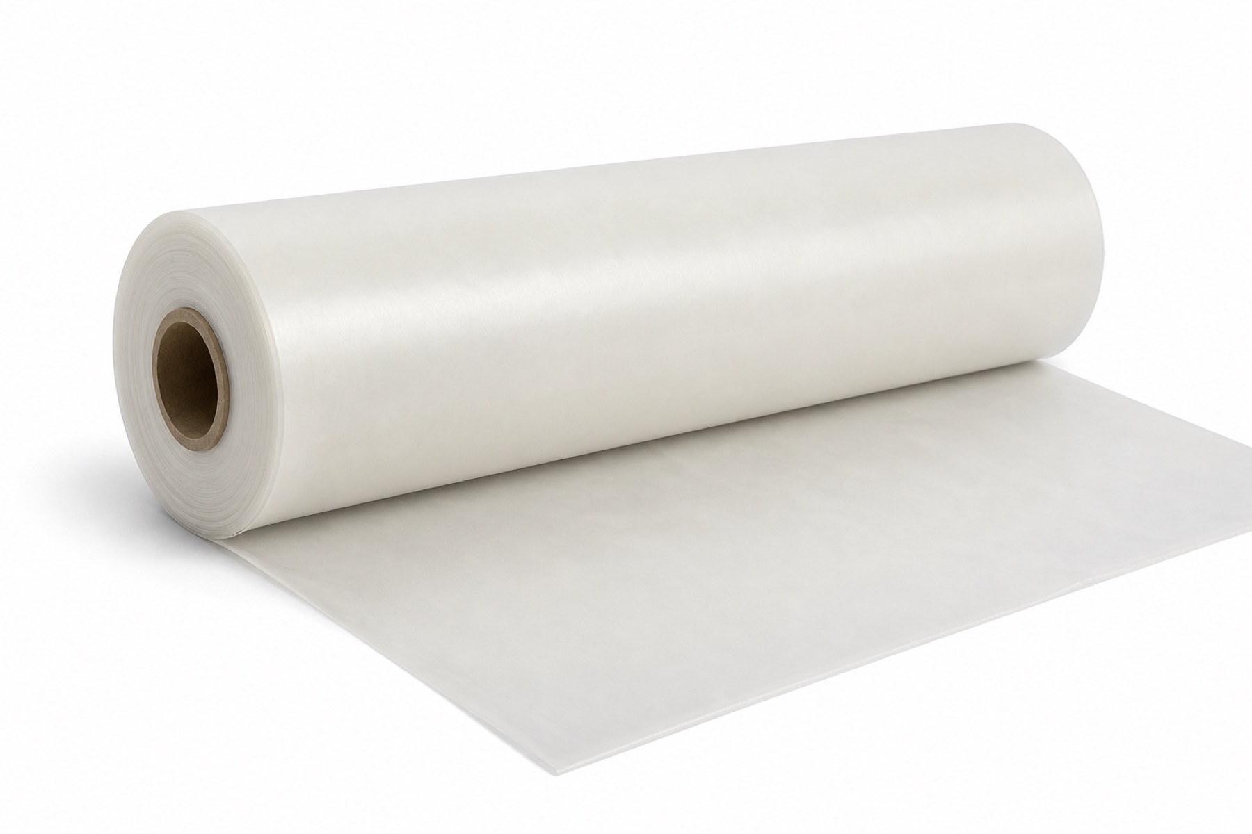 A wide industrial roll of translucent frosted-white compostable agricultural mulch film on a cardboard core, partially unrolled, on white.
