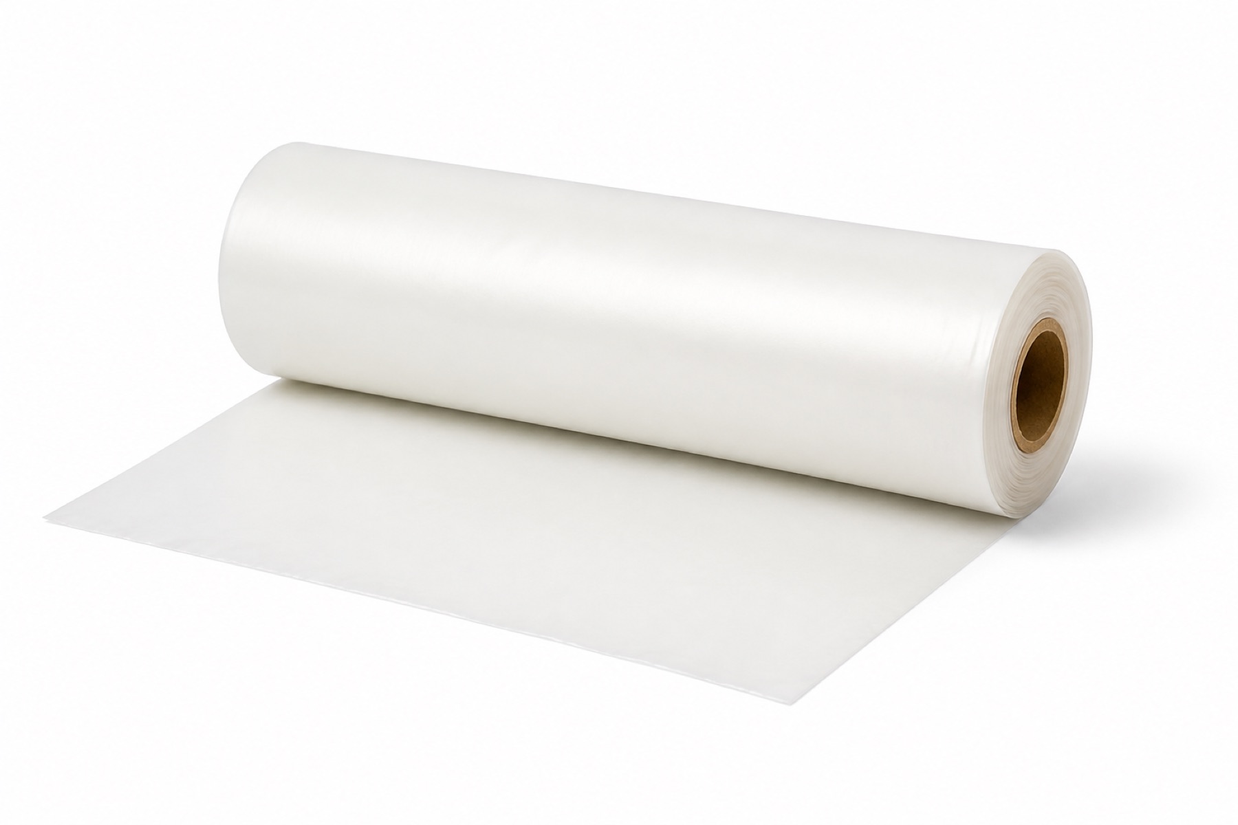 A roll of translucent frosted-white compostable film on a cardboard core, partially unrolled, on white.