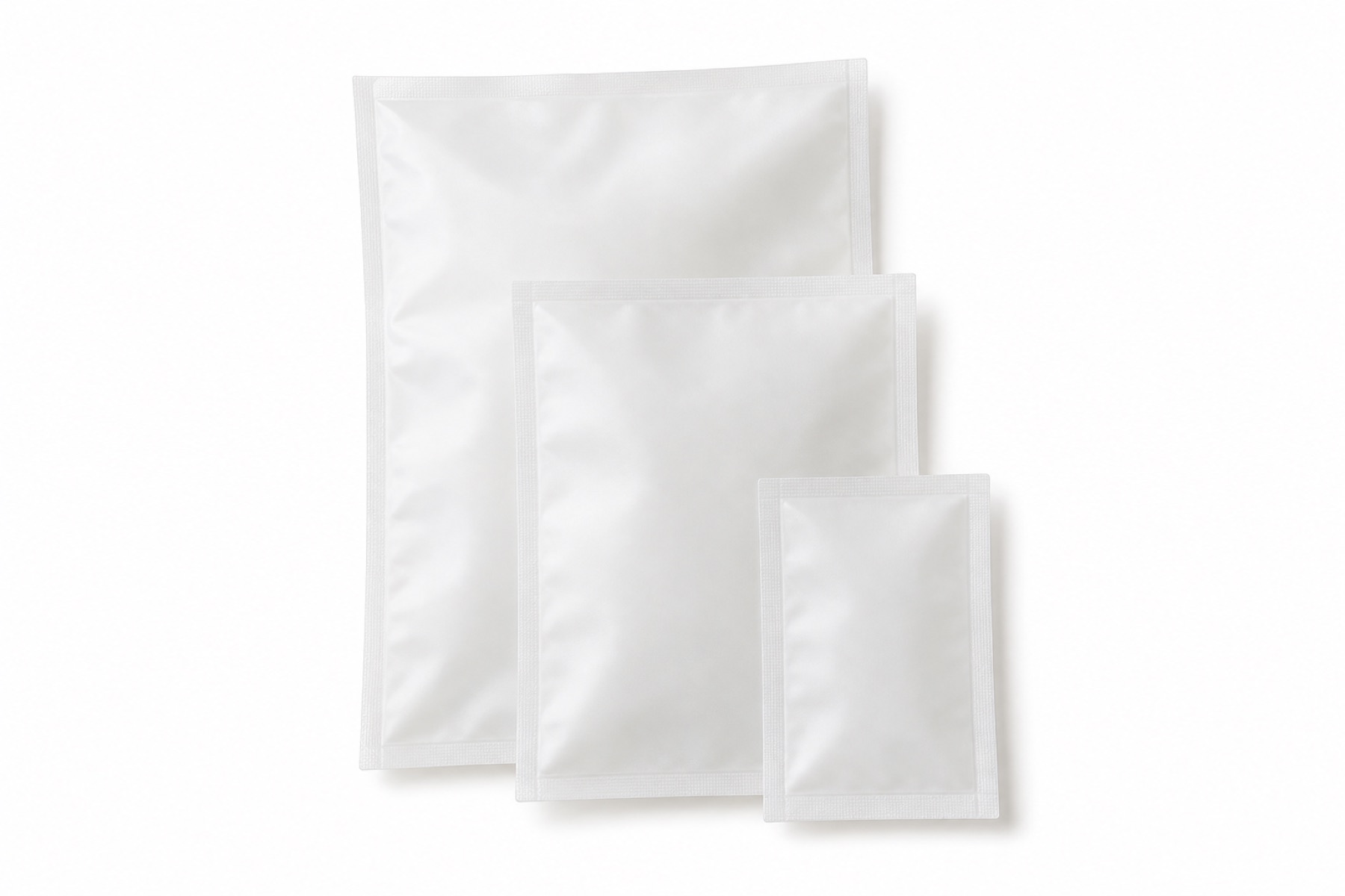 Three translucent frosted-white compostable pouches in graduated sizes, on white.