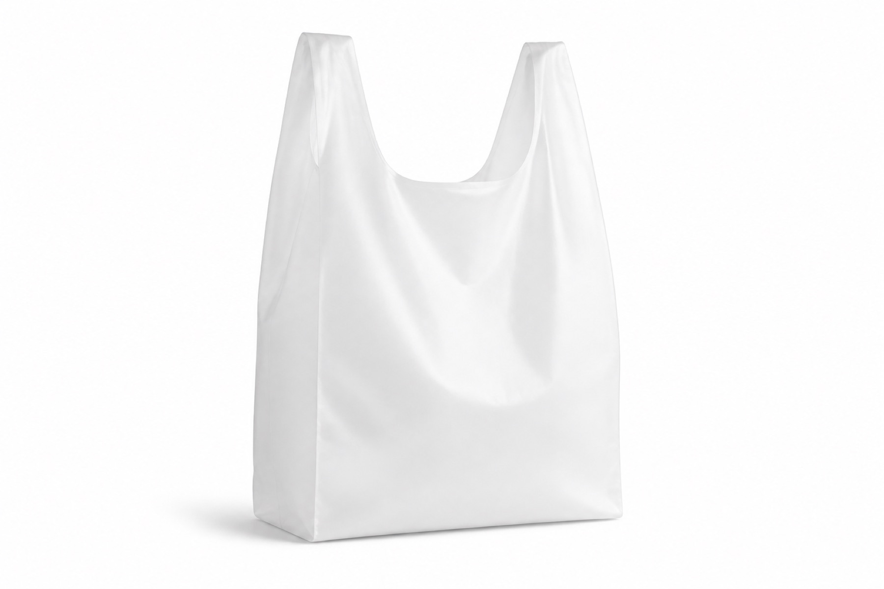 A translucent frosted-white compostable shopping bag with handles, standing upright on white.