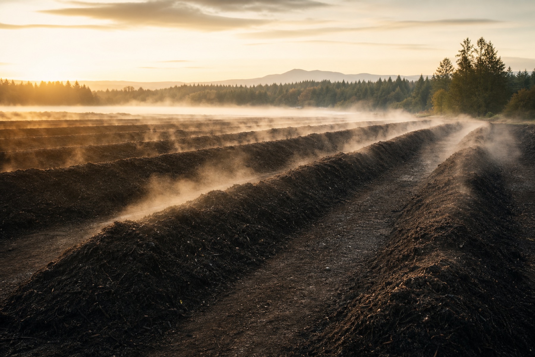 Steaming compost windrows at sunrise — the kind of facility our bags are designed for.